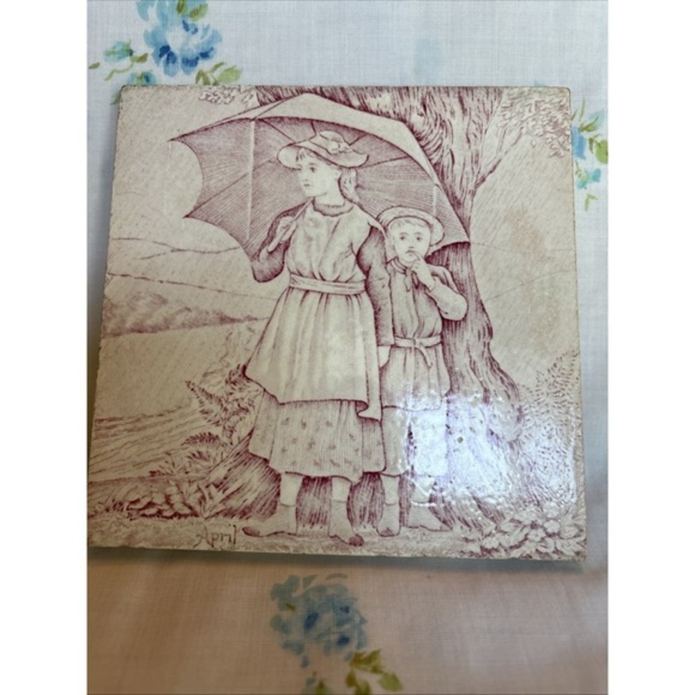 Antique‎ Wedgwood Eturia Reddish April Tile Victorian Transferware Umbrella 6x6